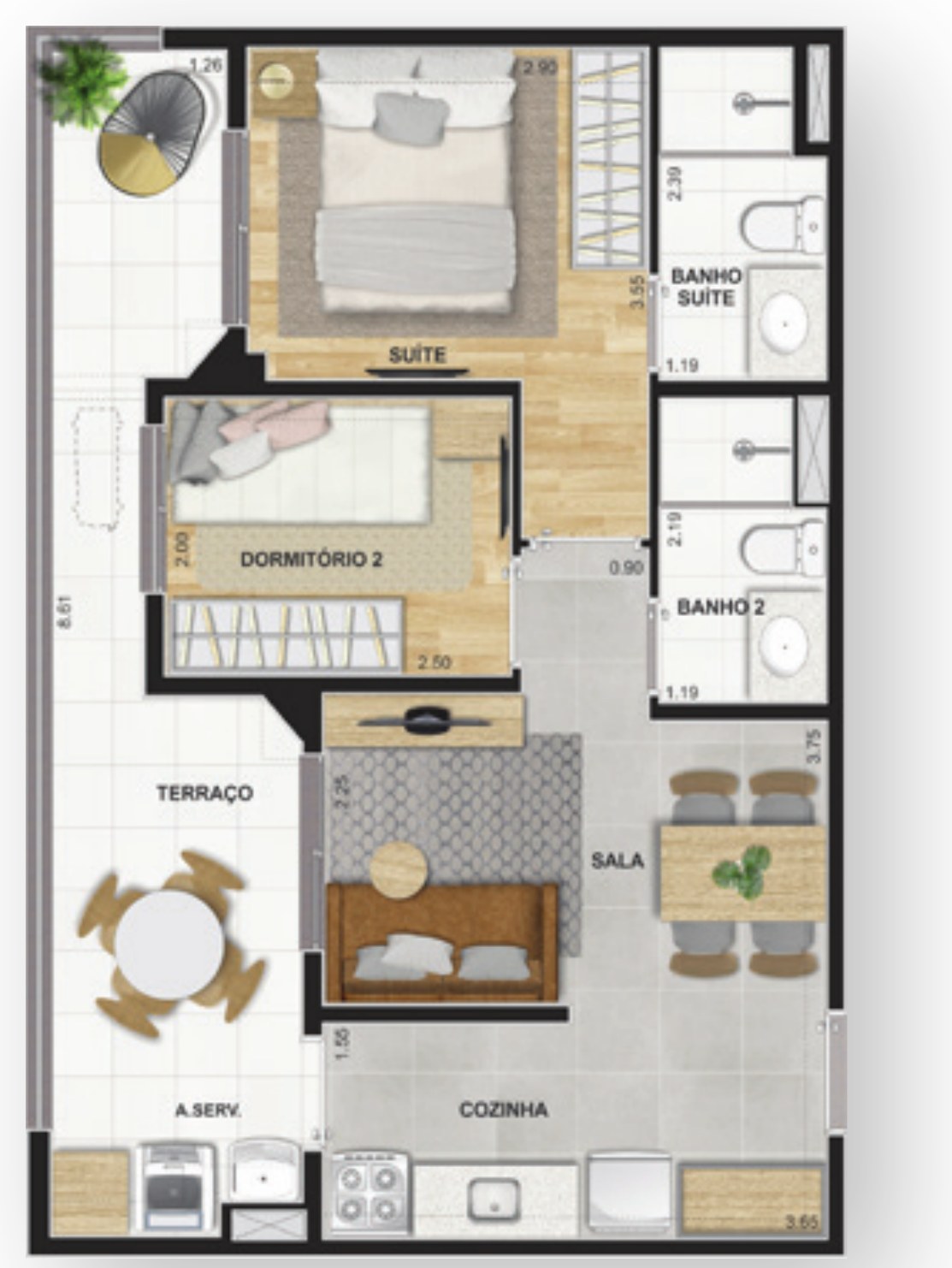 Planta de 2 dormitórios com suíte e terraço, 52 m², do Supreme Vila Romana