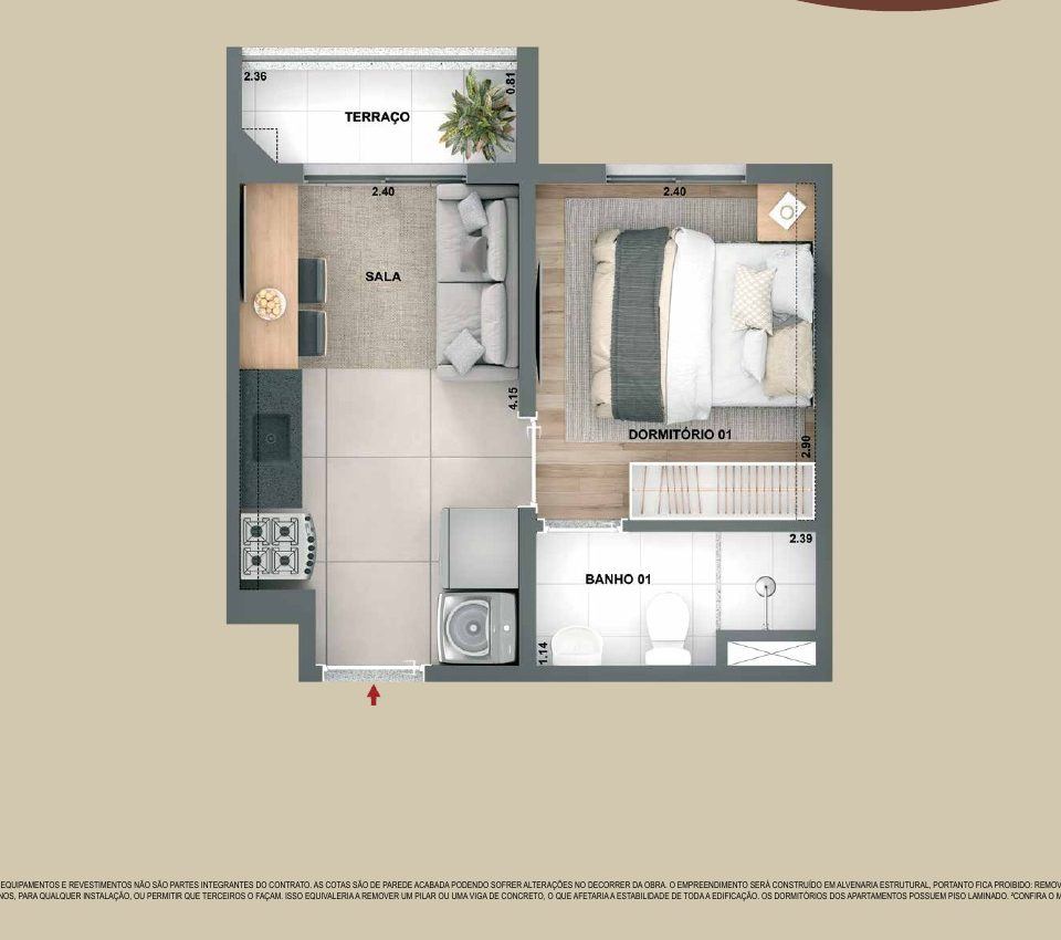Planta de 25 m² com 1 dormitório e terraço no Parque das Perdizes