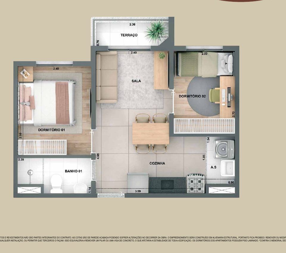 Planta de 37 m² com 2 dormitórios e terraço no Parque das Perdizes