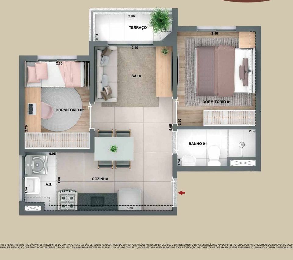 Planta de 38 m² com 2 dormitórios e terraço no Parque das Perdizes