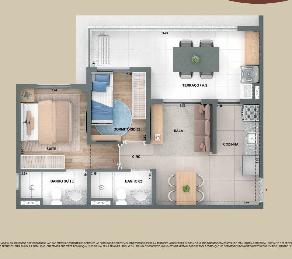 Planta de 52 m² com 2 dormitórios, suíte e terraço no Parque das Perdizes